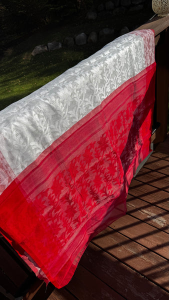 White Saree with Red Jamdani Woven Border with Buti Design