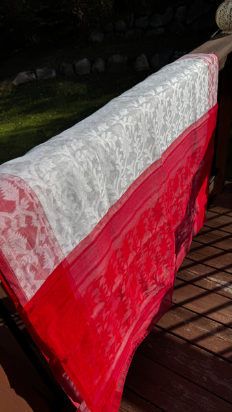 White Saree with Red Jamdani Woven Border with Buti Design