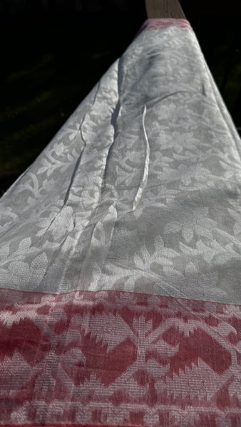 White Saree with Red Jamdani Woven Border with Buti Design