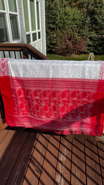 White Saree with Red Jamdani Woven Border with Buti Design
