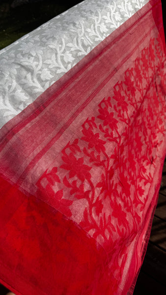 White Saree with Red Jamdani Woven Border with Buti Design