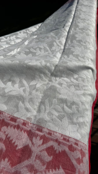 White Saree with Red Jamdani Woven Border with Buti Design