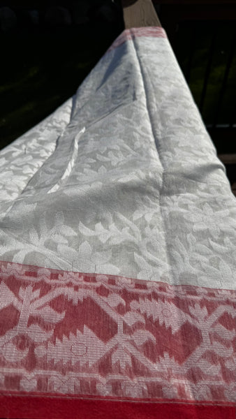 White Saree with Red Jamdani Woven Border with Buti Design