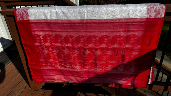 White Saree with Red Jamdani Woven Border with Buti Design