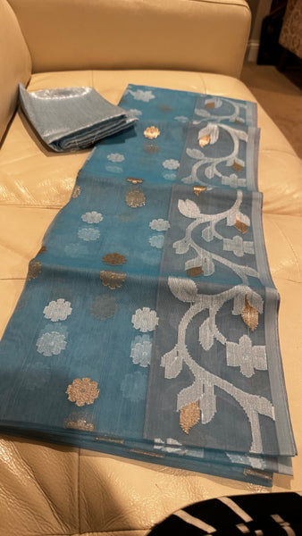 LIGHT SKY BLUE WITH WHITE & GOLDEN  ZARI ALLOVER FLORAL HANDWOVEN RESHAM JAMDANI SAREE