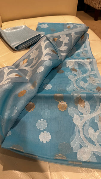 LIGHT SKY BLUE WITH WHITE & GOLDEN  ZARI ALLOVER FLORAL HANDWOVEN RESHAM JAMDANI SAREE