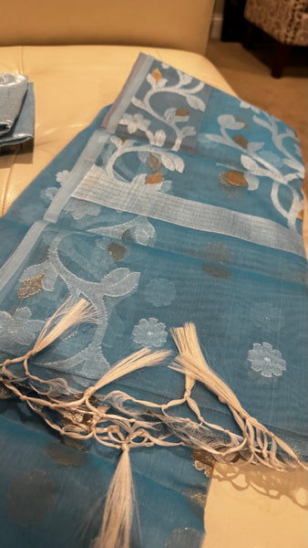 LIGHT SKY BLUE WITH WHITE & GOLDEN  ZARI ALLOVER FLORAL HANDWOVEN RESHAM JAMDANI SAREE
