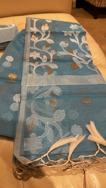 LIGHT SKY BLUE WITH WHITE & GOLDEN  ZARI ALLOVER FLORAL HANDWOVEN RESHAM JAMDANI SAREE