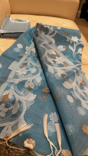LIGHT SKY BLUE WITH WHITE & GOLDEN  ZARI ALLOVER FLORAL HANDWOVEN RESHAM JAMDANI SAREE