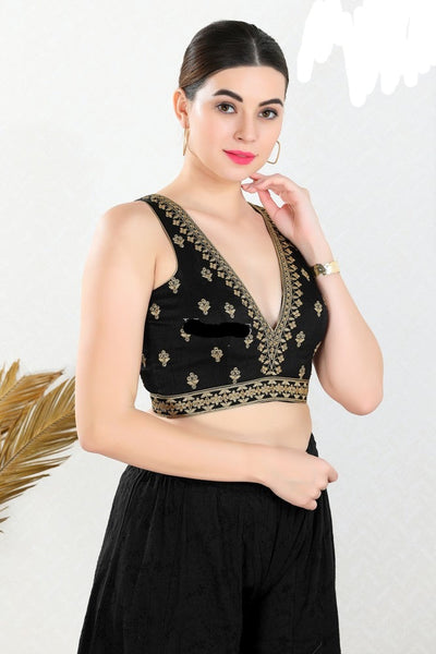 Readymade Mulbury Silk Padded Back Open Sleeveless Black Saree Blouse