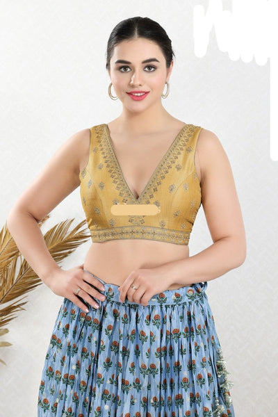 Readymade Mulbury Silk Padded Back Open Sleeveless Gold Saree Blouse