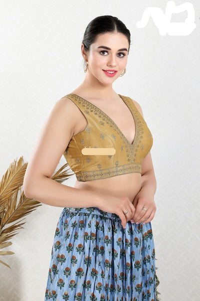 Readymade Mulbury Silk Padded Back Open Sleeveless Gold Saree Blouse