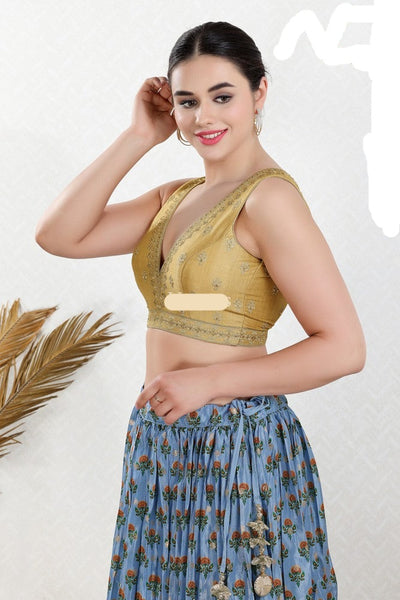 Readymade Mulbury Silk Padded Back Open Sleeveless Gold Saree Blouse