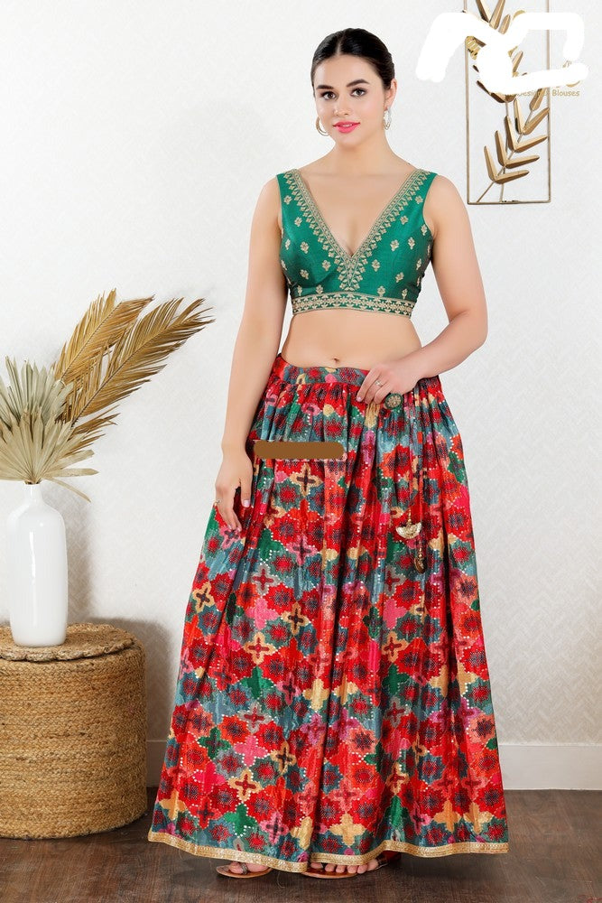 Readymade Mulbury Silk Padded Back Open Sleeveless Green Saree Blouse