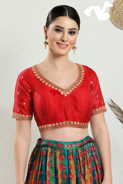 Readymade Silk Padded Back Open Elbow Sleeves Saree Blouse