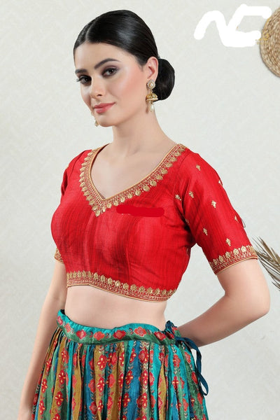 Readymade Silk Padded Back Open Elbow Sleeves Saree Blouse