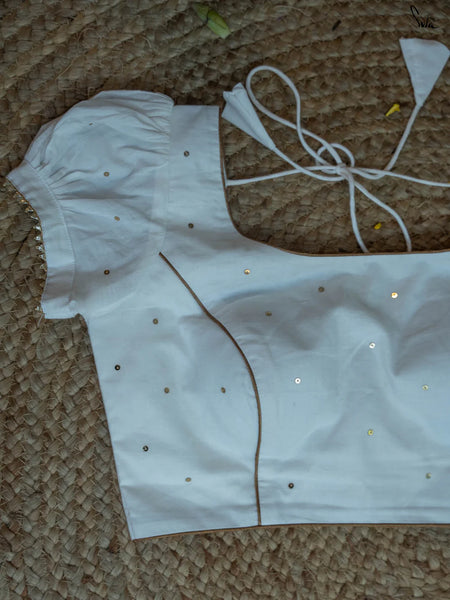 White Cambric U Neck Padded Blouse With Gold Piping Lace And Gold Chumki