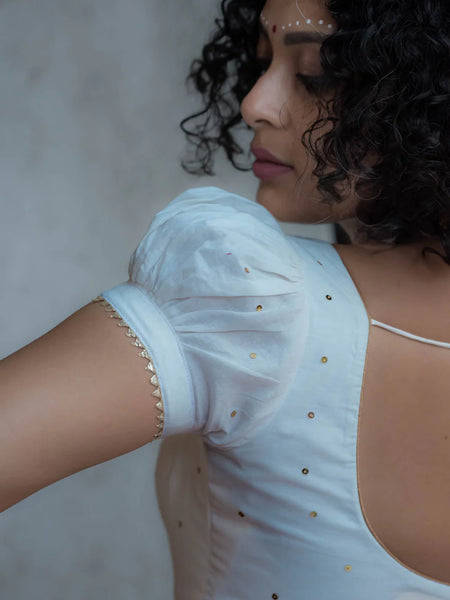 White Cambric U Neck Padded Blouse With Gold Piping Lace And Gold Chumki