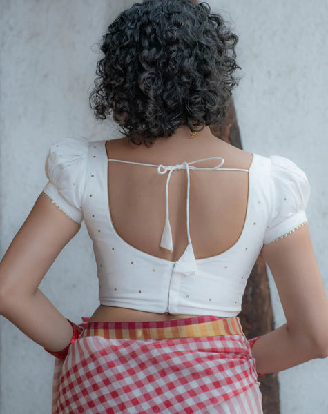 White Cambric U Neck Padded Blouse With Gold Piping Lace And Gold Chumki