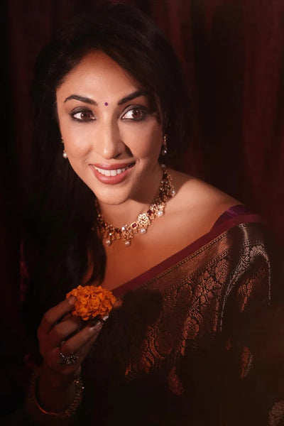 Black Silk Banarasi saree with Pink Border
