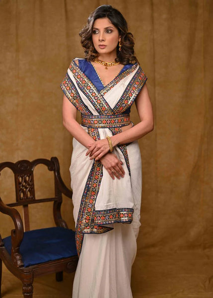White Chinnon Saree with Blue Delicate Border
