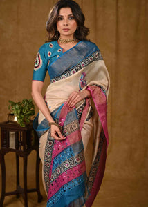 BEIGE CUTWORK TUSSER SILK SAREE WITH PINK AND BLUE COMBINATION
