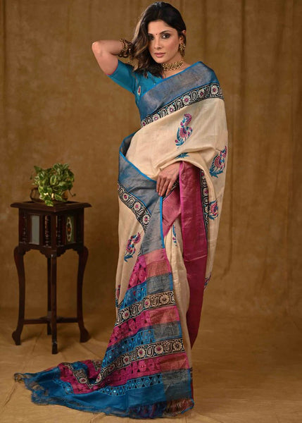 BEIGE CUTWORK TUSSER SILK SAREE WITH PINK AND BLUE COMBINATION