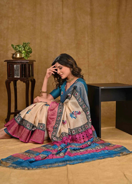 BEIGE CUTWORK TUSSER SILK SAREE WITH PINK AND BLUE COMBINATION