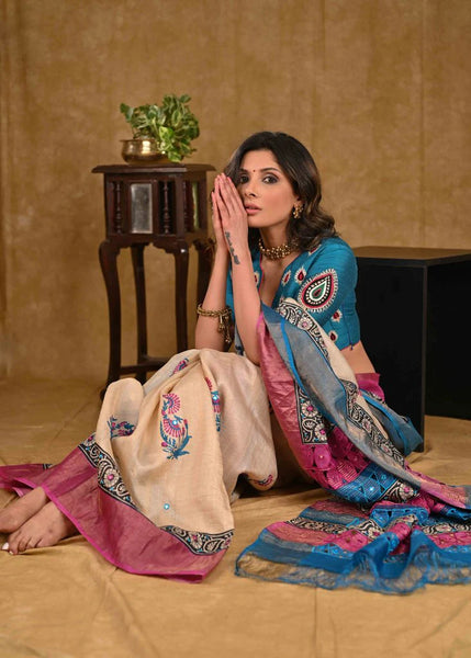 BEIGE CUTWORK TUSSER SILK SAREE WITH PINK AND BLUE COMBINATION
