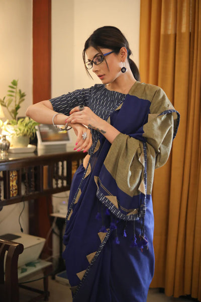ROYAL BLUE & CREAM COMBINATION COTTON SAREE WITH IKAT BORDER