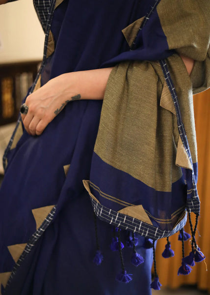 ROYAL BLUE & CREAM COMBINATION COTTON SAREE WITH IKAT BORDER