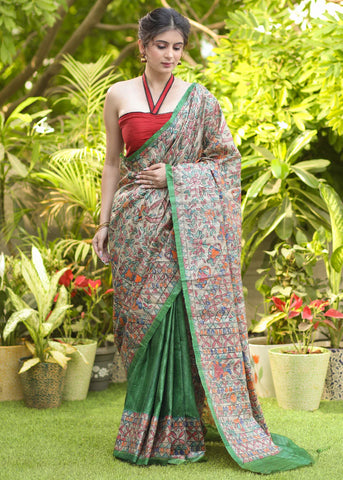 GREEN PURE GHICHA SILK HANDPAINTED MADHUBANI SAREE