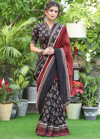 BLACK PRINT AND MAROON COTTON COMBINATION SAREE WITH EXCLUSIVE IKAAT BORDER