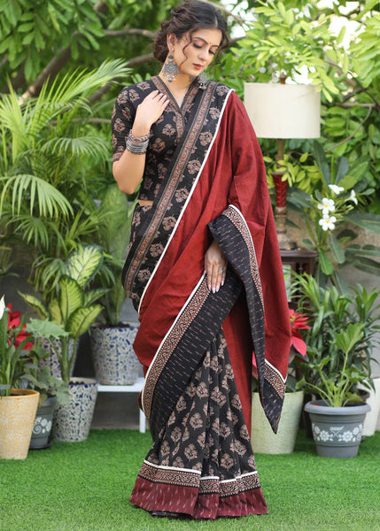 BLACK PRINT AND MAROON COTTON COMBINATION SAREE WITH EXCLUSIVE IKAAT BORDER