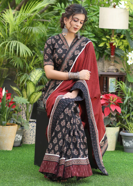 BLACK PRINT AND MAROON COTTON COMBINATION SAREE WITH EXCLUSIVE IKAAT BORDER