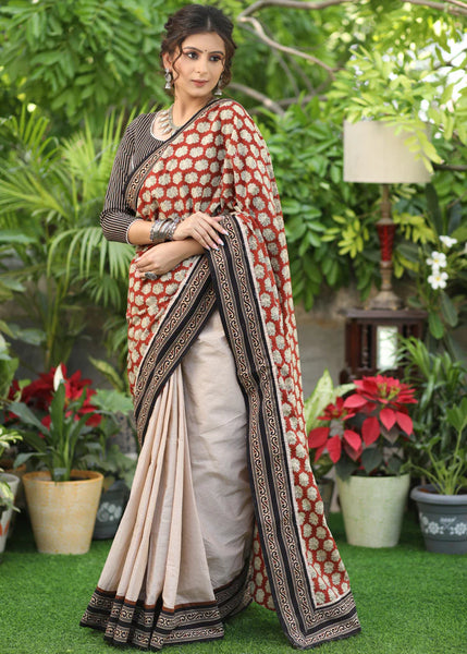 CREAM COTTON SAREE WITH PRINTED PALLU AND HIGHLIGHTED WITH AJRAKH BORDER