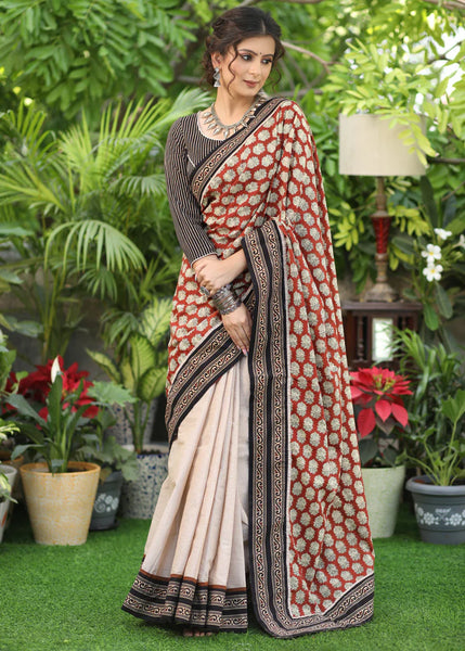 CREAM COTTON SAREE WITH PRINTED PALLU AND HIGHLIGHTED WITH AJRAKH BORDER