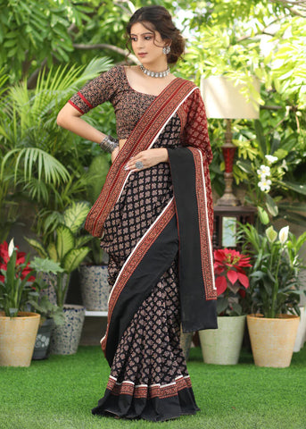 BLACK & MAROON AJRAKH COMBINATION COTTON SAREE WITH BLACK BORDER