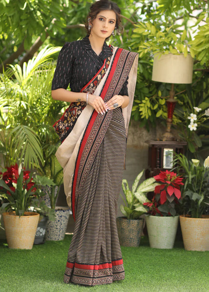 COTTON LINE AJRAKH SAREE WITH CREAM PALLU AND KALAMKARI BORDER