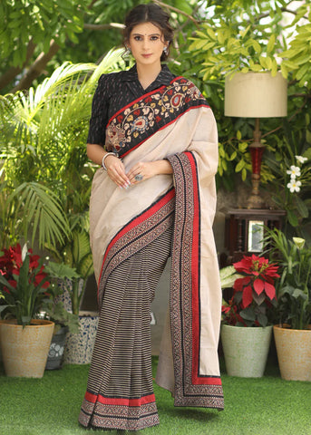 COTTON LINE AJRAKH SAREE WITH CREAM PALLU AND KALAMKARI BORDER