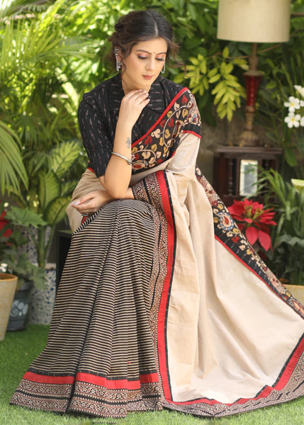 COTTON LINE AJRAKH SAREE WITH CREAM PALLU AND KALAMKARI BORDER