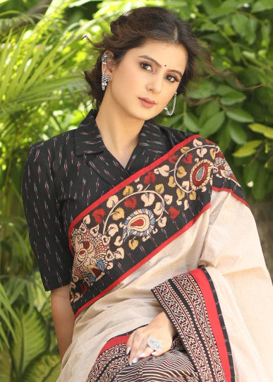 COTTON LINE AJRAKH SAREE WITH CREAM PALLU AND KALAMKARI BORDER