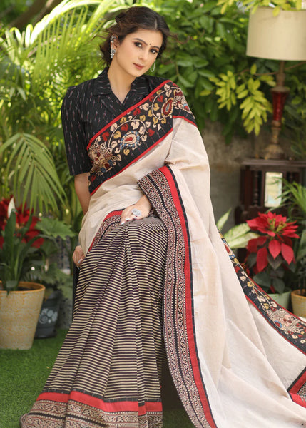 COTTON LINE AJRAKH SAREE WITH CREAM PALLU AND KALAMKARI BORDER