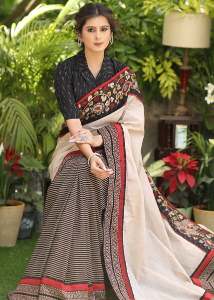 COTTON LINE AJRAKH SAREE WITH CREAM PALLU AND KALAMKARI BORDER