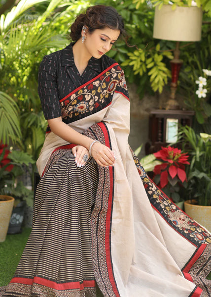COTTON LINE AJRAKH SAREE WITH CREAM PALLU AND KALAMKARI BORDER