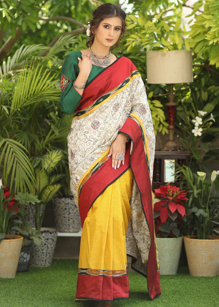 YELLOW COTTON SAREE WITH EXCLUSIVE KANTHA WORK PALLU & IKAAT BORDER