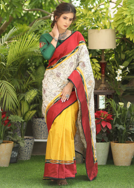 YELLOW COTTON SAREE WITH EXCLUSIVE KANTHA WORK PALLU & IKAAT BORDER