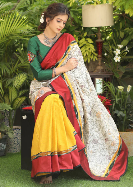 YELLOW COTTON SAREE WITH EXCLUSIVE KANTHA WORK PALLU & IKAAT BORDER