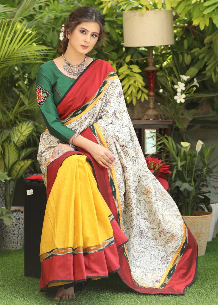 YELLOW COTTON SAREE WITH EXCLUSIVE KANTHA WORK PALLU & IKAAT BORDER