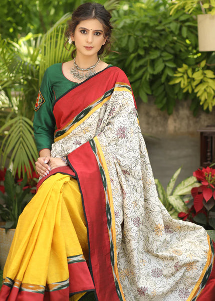 YELLOW COTTON SAREE WITH EXCLUSIVE KANTHA WORK PALLU & IKAAT BORDER